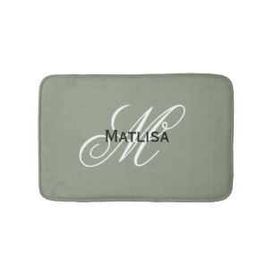 Modern Sage Green & White Monogram Name Initials Bath Mat