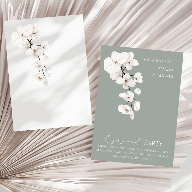 Modern Sage Green White Orchids Engagement Party Invitation (Modern Sage Green White Orchids Wedding Engagement Party)