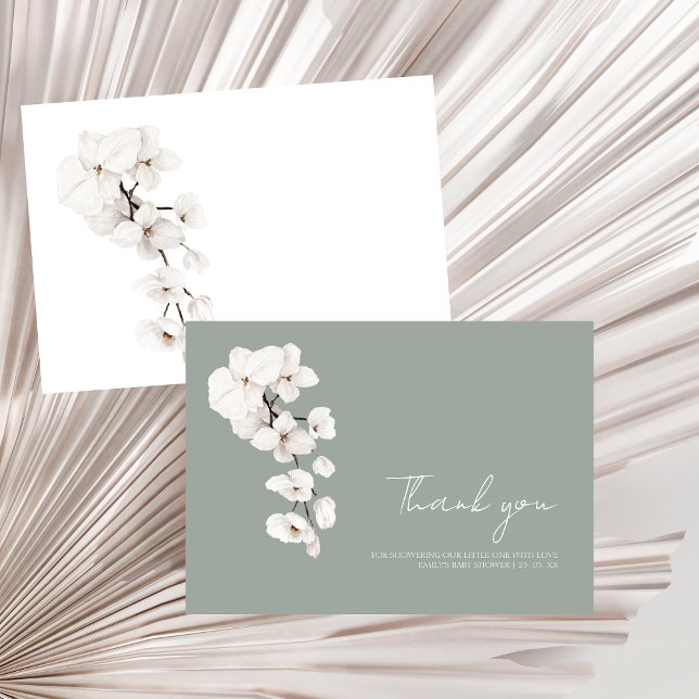 Modern Sage Green White Orchids Floral Baby Shower Thank You Card (Baby in Bloom Sage Green White Orchids Baby Shower Thank You Card)