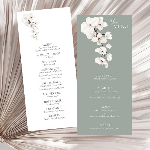 Modern Sage Green White Orchids Wedding Menu