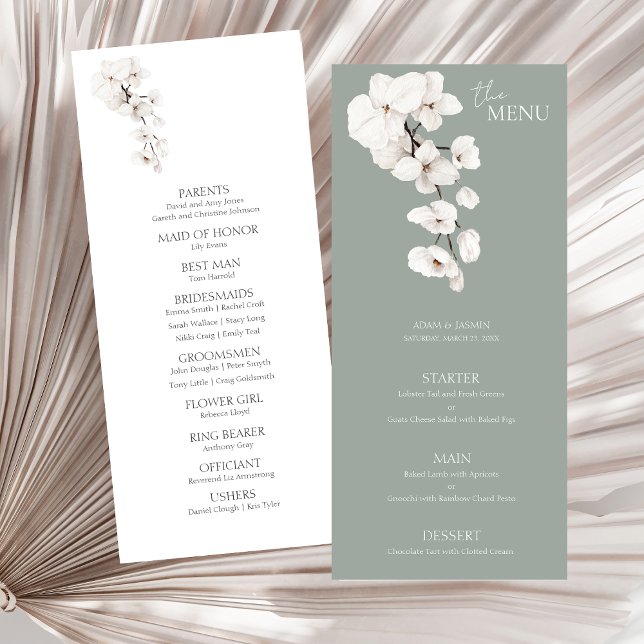 Modern Sage Green White Orchids Wedding Menu (Modern Sage Green White Orchids Wedding Menu Cards)