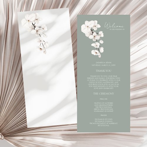 Modern Sage Green White Orchids Wedding Program