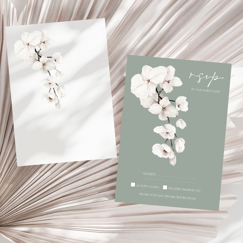 Modern Sage Green White Orchids Wedding RSVP Card