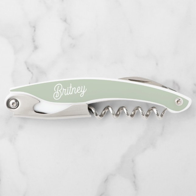Modern Sage Green White Personalized Monogram Name Waiter's Corkscrew (Front)
