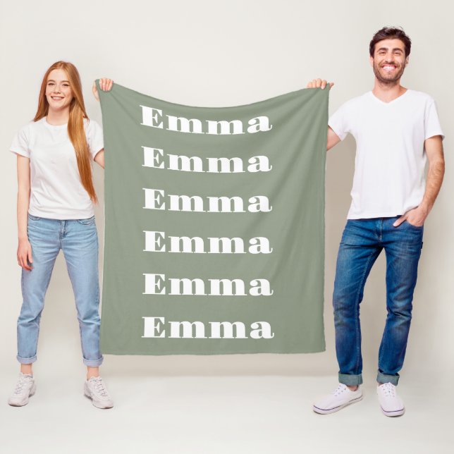Modern Sage Green & White Personalized Text Name  Fleece Blanket (In Situ)