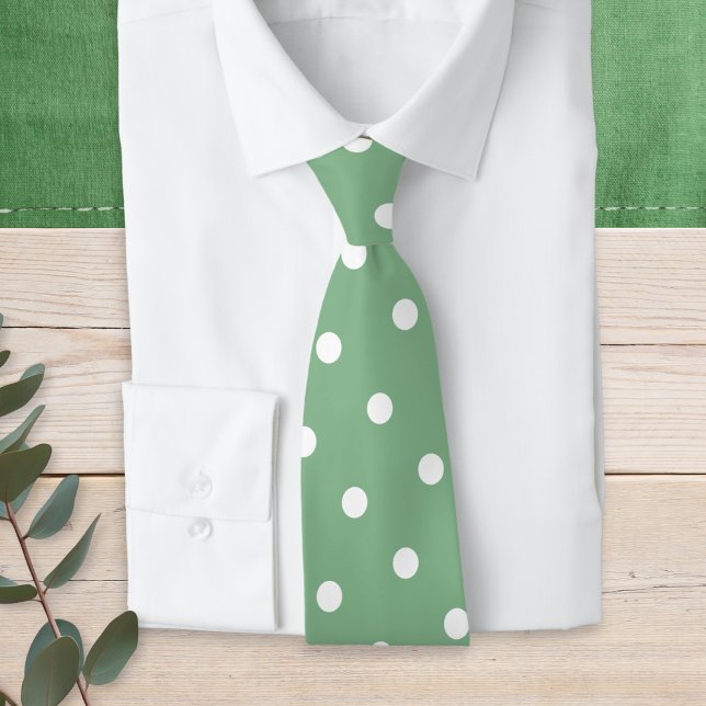 Modern Sage Green White Polka Dot Pattern Neck Tie (A light green tie with white polka dot pattern)