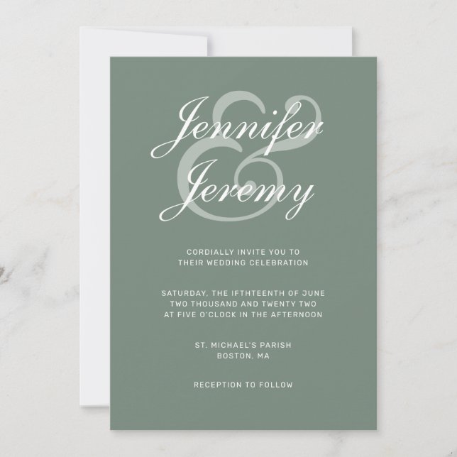 Modern Sage Green White Script All In One Wedding  Invitation (Front)