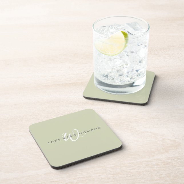 Modern Sage Green White Script Monogram Beverage Coaster (Right Side)