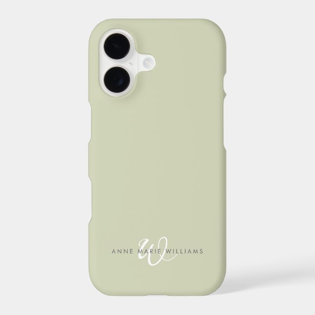 Modern Sage Green White Script Monogram Case-Mate iPhone Case (Back)