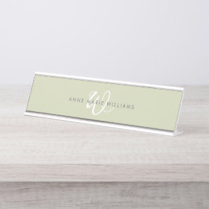 Modern Sage Green White Script Monogram Desk Name Plate