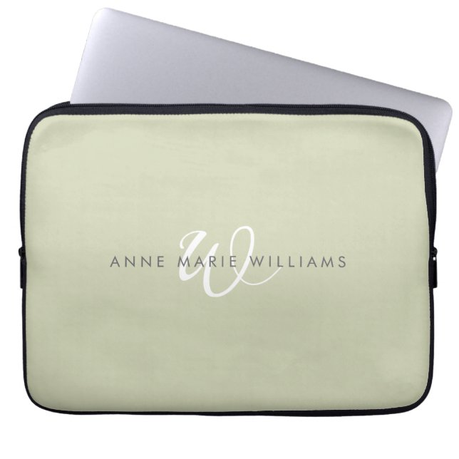 Modern Sage Green White Script Monogram Laptop Sleeve (Front)