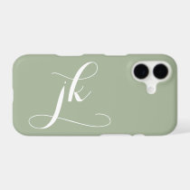 Modern Sage Green White Script Monogram Name iPhone 17 Case
