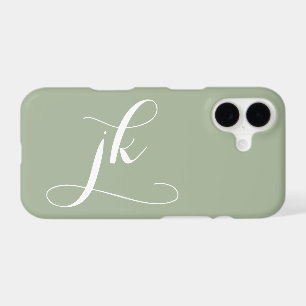 Modern Sage Green White Script Monogram Name iPhone 17 Case