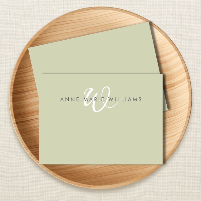 Modern Sage Green White Script Monogram Note Card (Creator Uploaded)