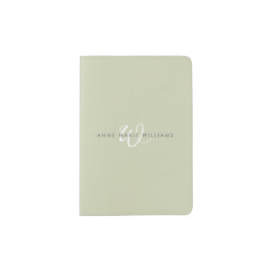 Modern Sage Green White Script Monogram Passport Holder