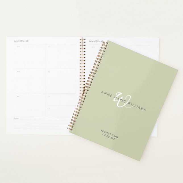 Modern Sage Green White Script Monogram Planner (Display)