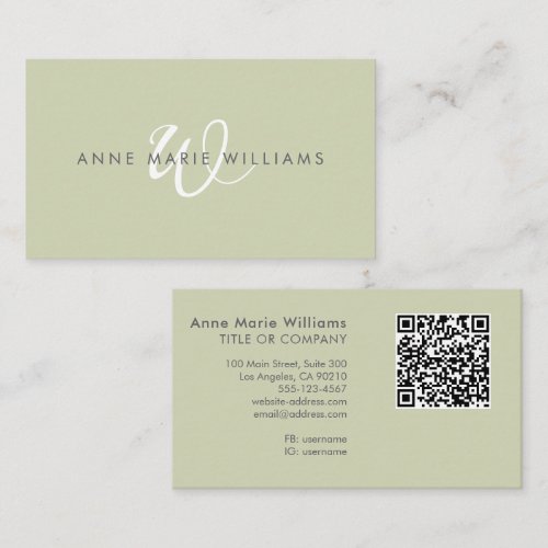 Modern Sage Green White Script Monogram QR Code Business Card