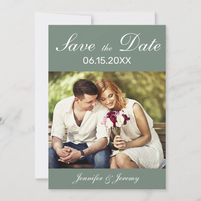 Modern Sage Green White Script Photo Wedding Save The Date (Front)