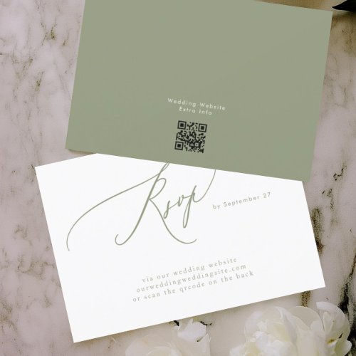 Modern Sage Green White Simple QR Code Wedding RSVP Card