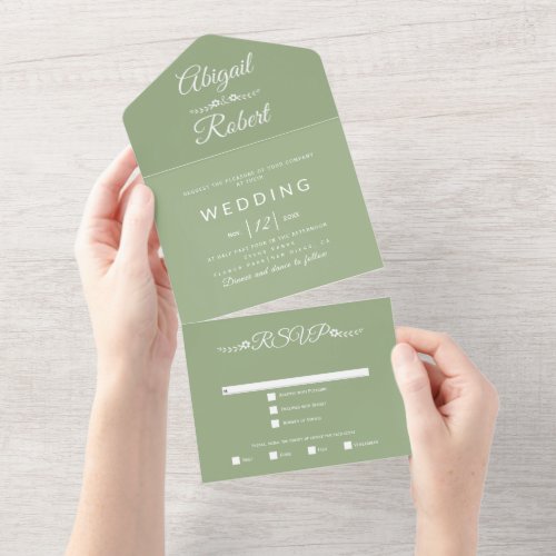 Modern sage green white typography wedding  all in one invitation