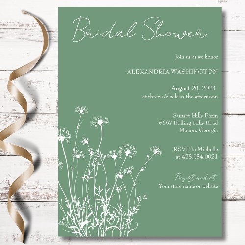 Modern Sage Green  White Wildflower Bridal Shower Invitation