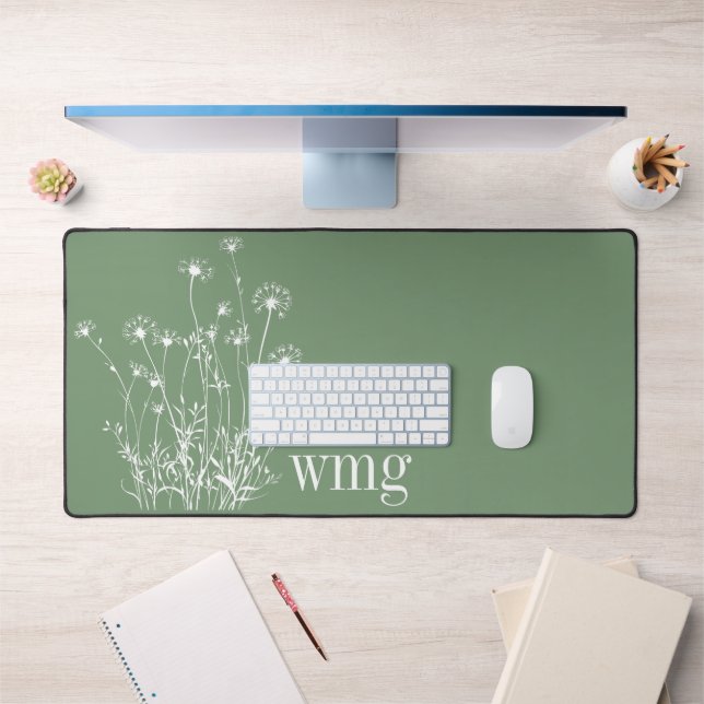 Modern Sage Green & White Wildflowers Monogram Desk Mat (Office 1)