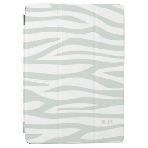 Modern Sage Green White Zebra Print Personalized iPad Air Cover