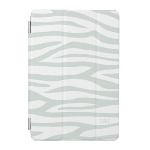 Modern Sage Green White Zebra Print Personalized iPad Mini Cover