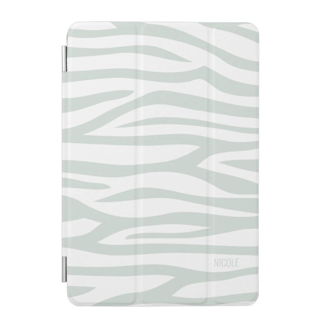 Modern Sage Green White Zebra Print Personalized iPad Mini Cover (Front)