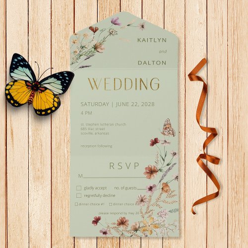 Modern Sage Green Wildflower Bouquet Dinner All In One Invitation