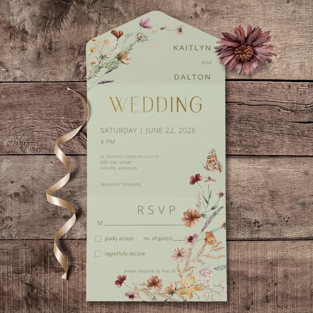 Modern Sage Green Wildflower Bouquet No Dinner All In One Invitation (Modern Sage Green Wildflower Bouquet All In One Wedding Invitation without Dinner Options)
