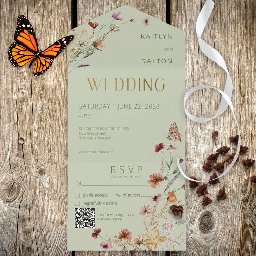 Modern Sage Green Wildflower Bouquet QR Code All In One Invitation