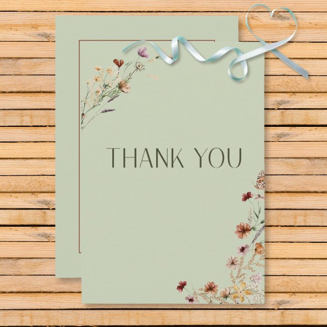 Modern Sage Green Wildflower Bouquet Wedding Thank You Card (Modern Sage Green Wildflower Bouquet Wedding Invitation)