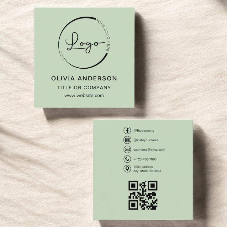 Modern Sage Green With QR Code Social Media Square Business Card