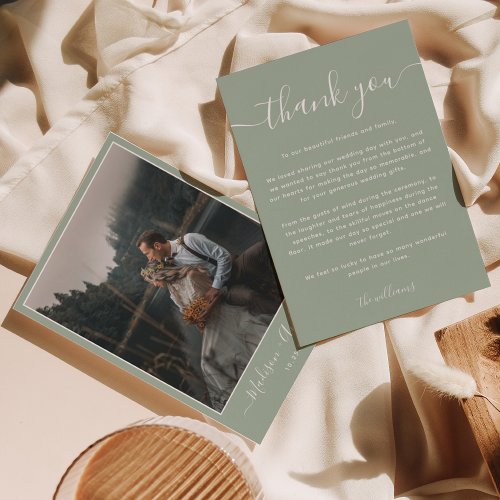 Modern Sage Green with Two Photo Wedding Thank You Card