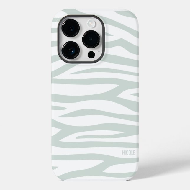 Modern Sage Green Zebra Print Personalized Case-Mate iPhone Case (Back)