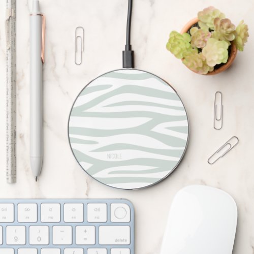 Modern Sage Green Zebra Print Personalized Wireless Charger