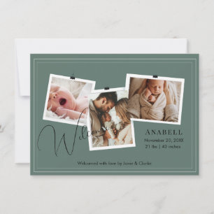 Modern Sage Green Zigzag 3 Photo Collage Birth  Announcement