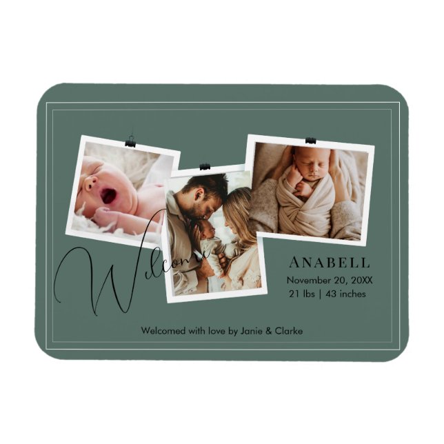 Modern Sage Green Zigzag 3 Photo Collage Birth  Magnet (Horizontal)