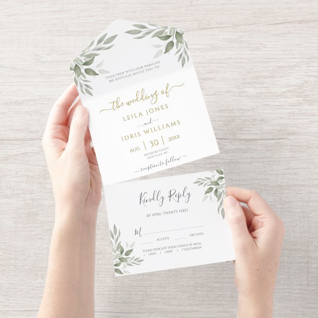 Modern Sage Greenery Gold Foil All In One Invitation (Tearaway)