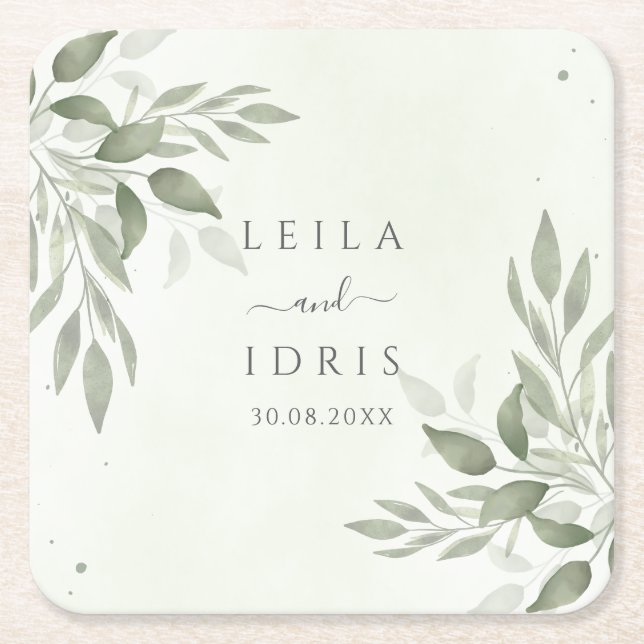 Modern Sage Greenery Wedding Coasters (Front)
