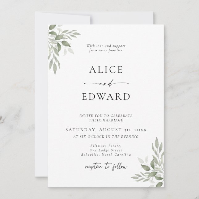 Modern Sage Greenery Wedding Invitation Card (Front)