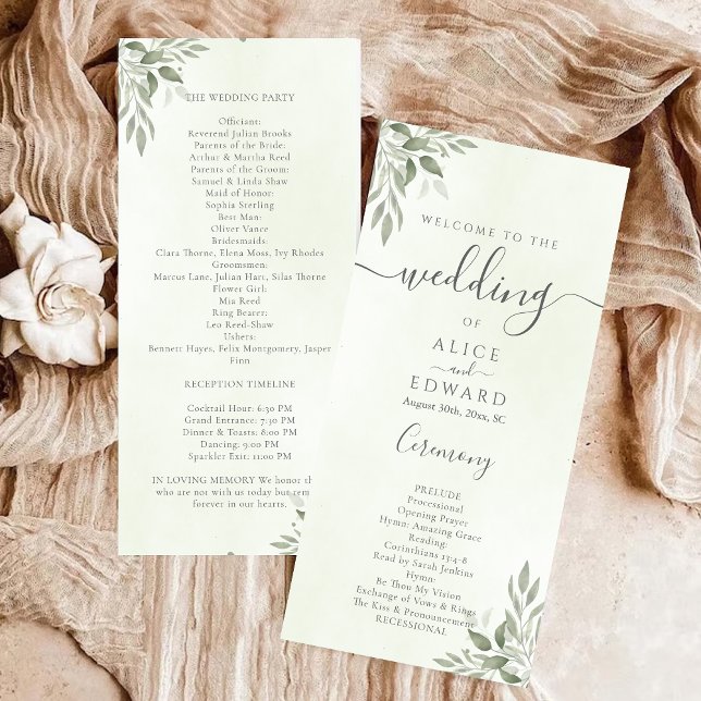 Modern Sage Greenery Wedding Program Car (Creator Uploaded)