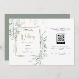 Modern Sage Greenery Wedding QR Code RSVP Invitati Invitation