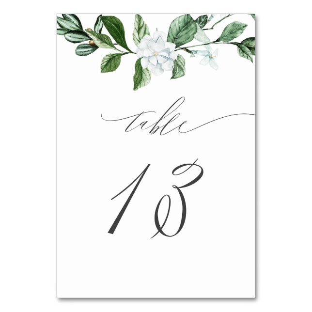 Modern Sage Greenery White Floral No 13 Wedding Table Number (Front)