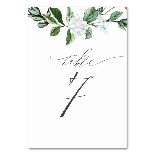 Modern Sage Greenery White Floral No 7 Wedding Table Number (Front)