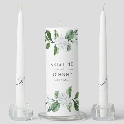 Modern Sage Greenery White Magnolia Floral Wedding Unity Candle Set