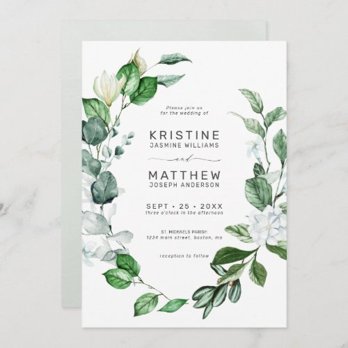 Modern Sage Greenery Wreath White Floral Wedding I Invitation