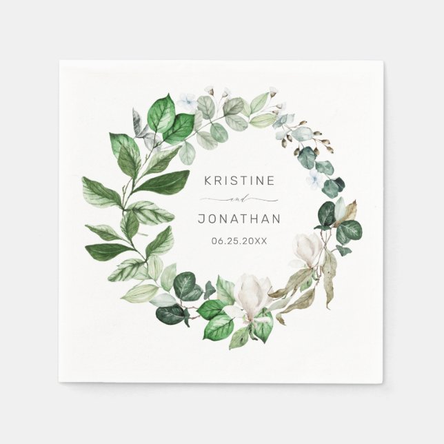 Modern Sage Greenery Wreath White Floral Wedding Napkins (Front)