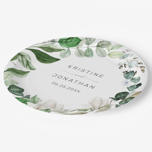 Modern Sage Greenery Wreath White Floral Wedding Paper Plate